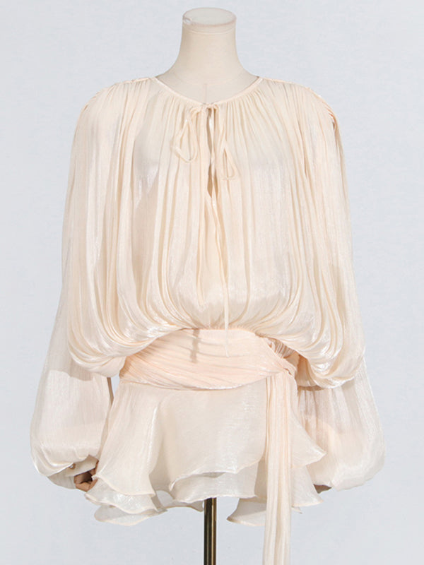 Hollow Pleated Ribbon Dress - Romantic Midi Style With Elegant Pleats
