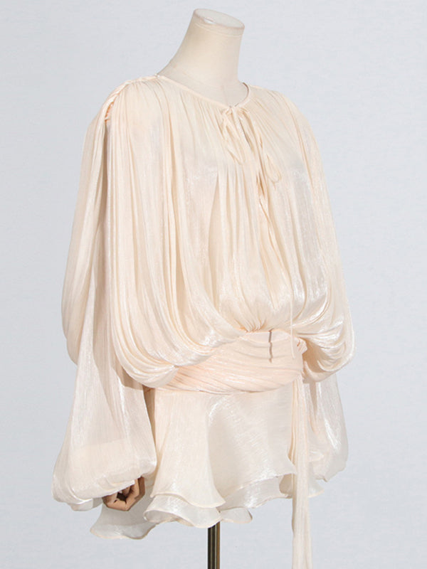 Hollow Pleated Ribbon Dress - Romantic Midi Style With Elegant Pleats
