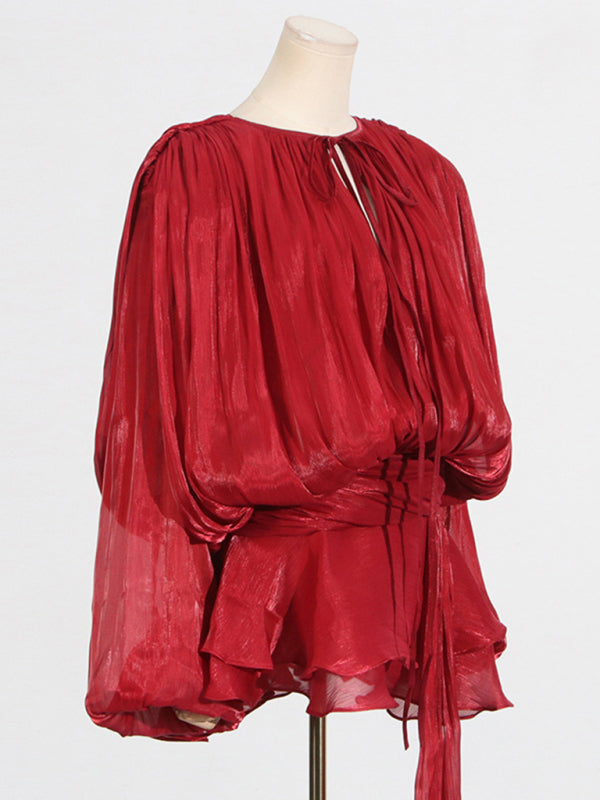 Hollow Pleated Ribbon Dress - Romantic Midi Style With Elegant Pleats