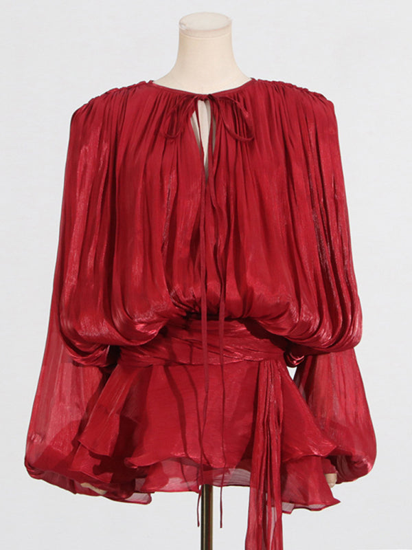 Hollow Pleated Ribbon Dress - Romantic Midi Style With Elegant Pleats