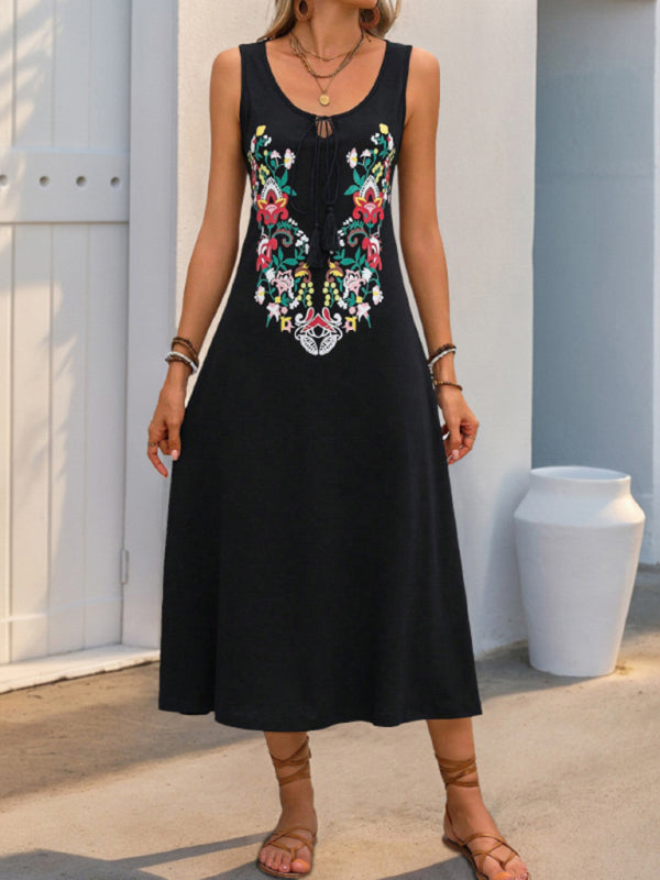 Sleeveless Knit Midi Dress – Black Self-Design, Lightweight Spring Fit