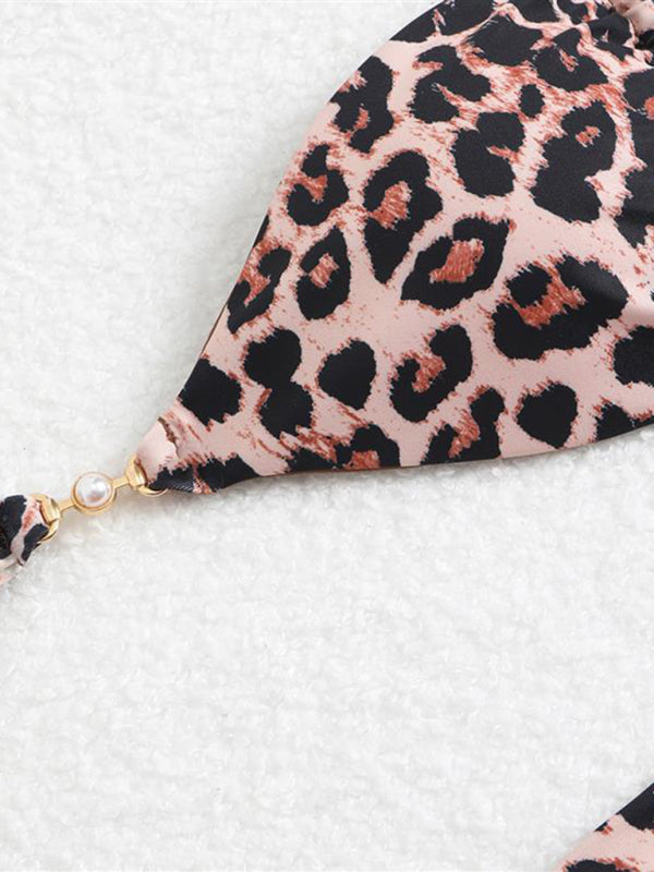 Leopard Print Triangle Bikini Set – Three-Point Straps & Gathered Design