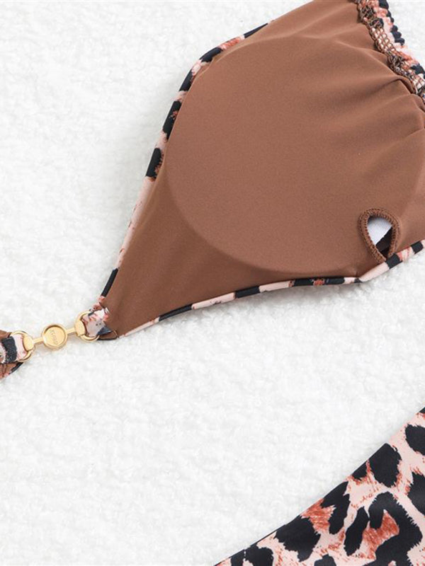 Leopard Print Triangle Bikini Set – Three-Point Straps & Gathered Design