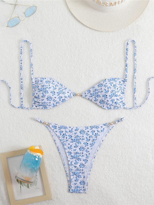 Leopard Print Triangle Bikini Set – Three-Point Straps & Gathered Design