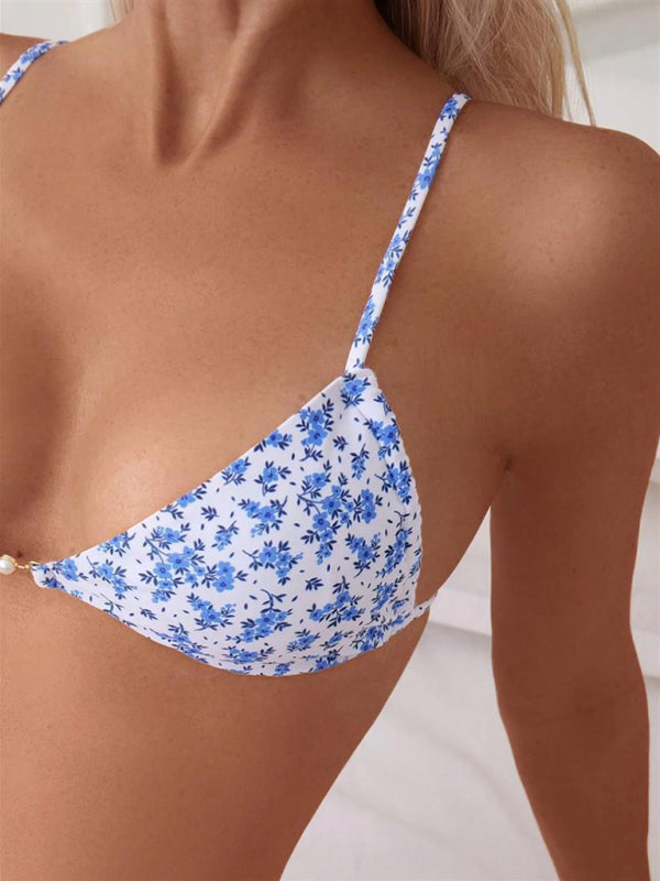 Leopard Print Triangle Bikini Set – Three-Point Straps & Gathered Design