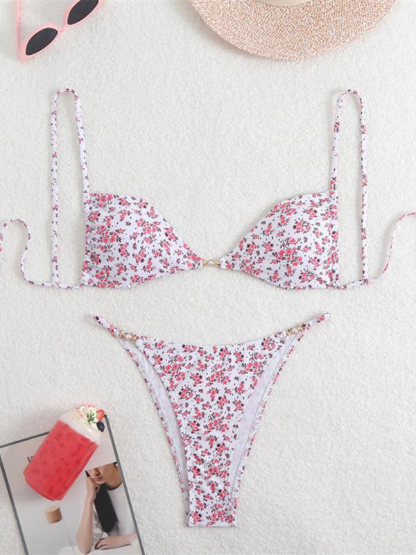 Leopard Print Triangle Bikini Set – Three-Point Straps & Gathered Design