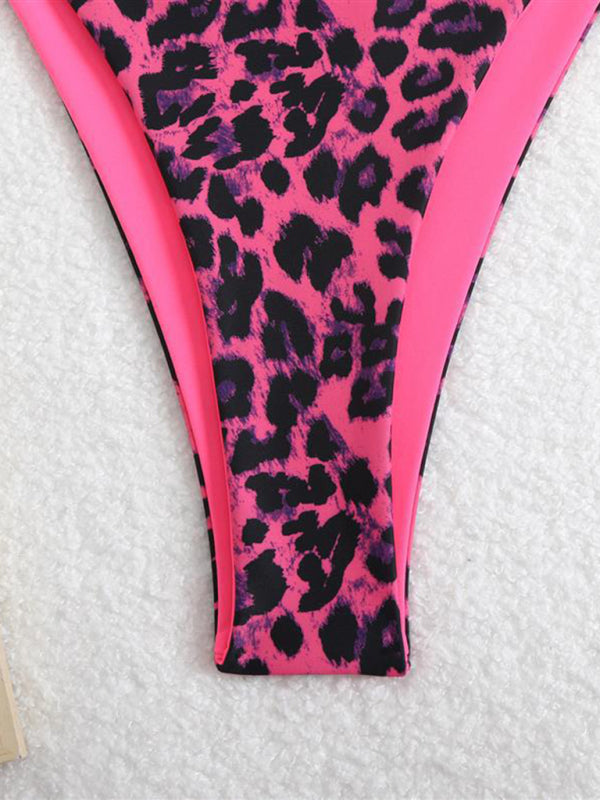 Leopard Print Triangle Bikini Set – Three-Point Straps & Gathered Design