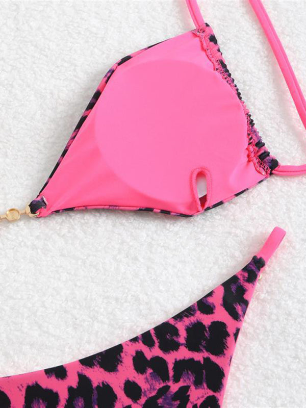 Leopard Print Triangle Bikini Set – Three-Point Straps & Gathered Design