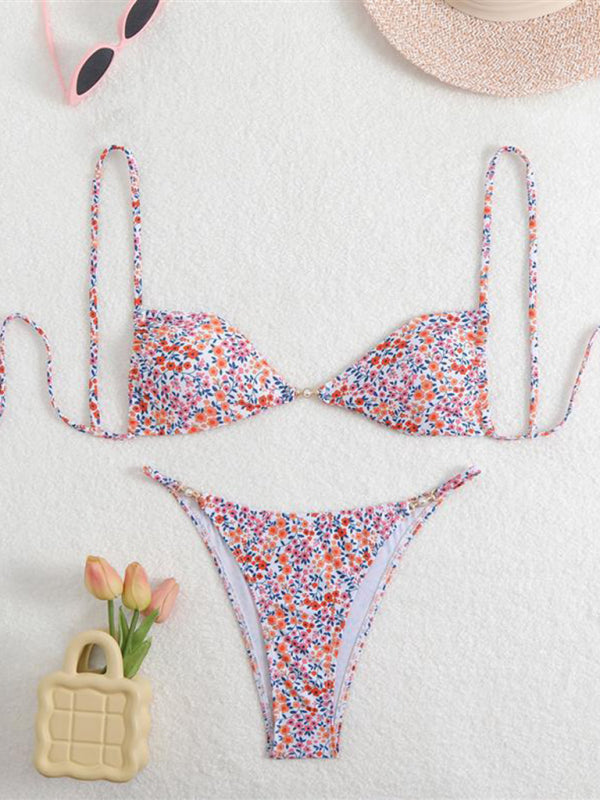 Leopard Print Triangle Bikini Set – Three-Point Straps & Gathered Design