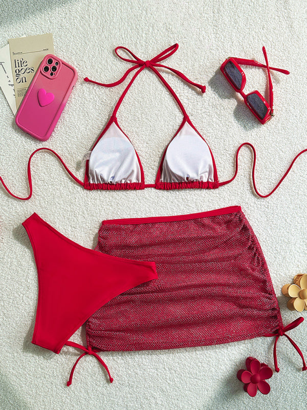Solid Color 3-Piece Backless Bikini Set – Sexy Knit Swimwear with Cover-Up
