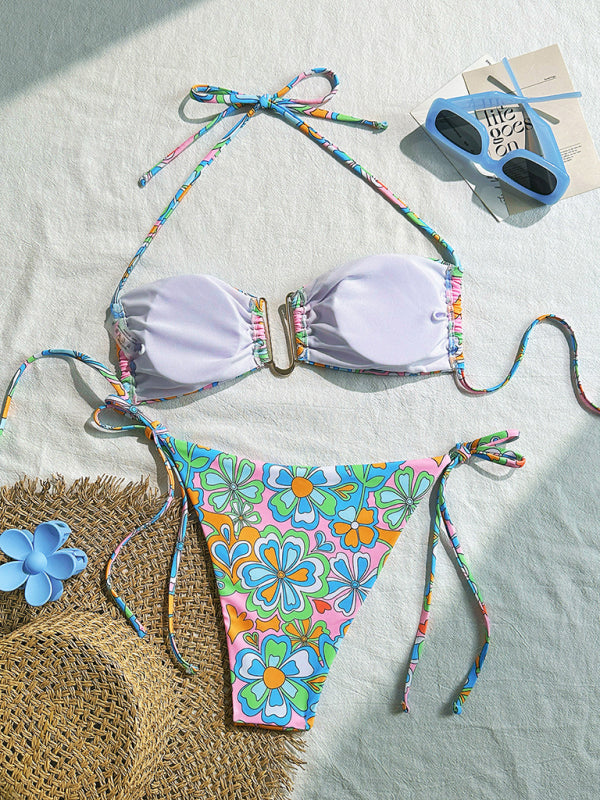 Floral Halterneck Bikini Set – Lace-Up Spaghetti Straps & High Elasticity