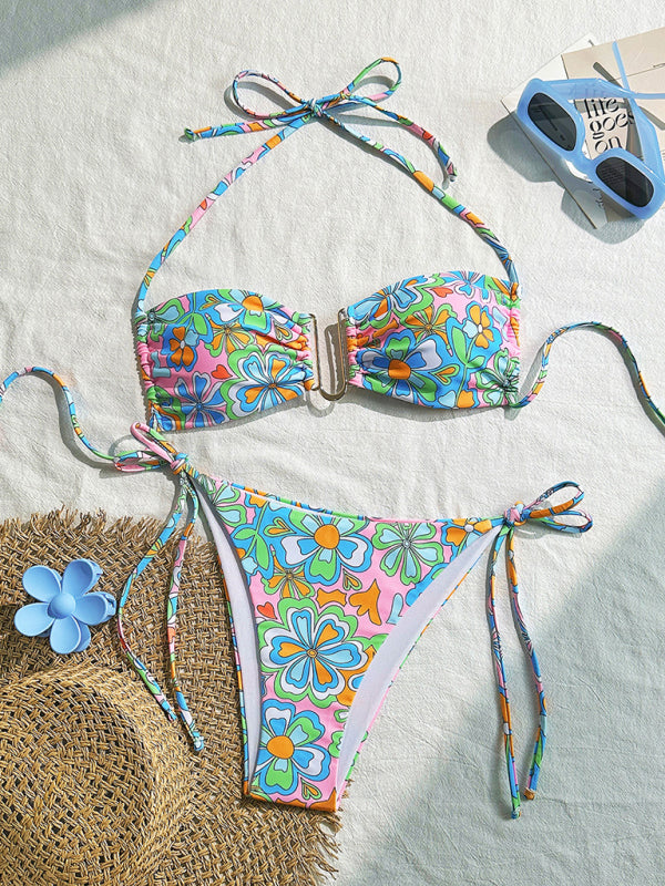 Floral Halterneck Bikini Set – Lace-Up Spaghetti Straps & High Elasticity