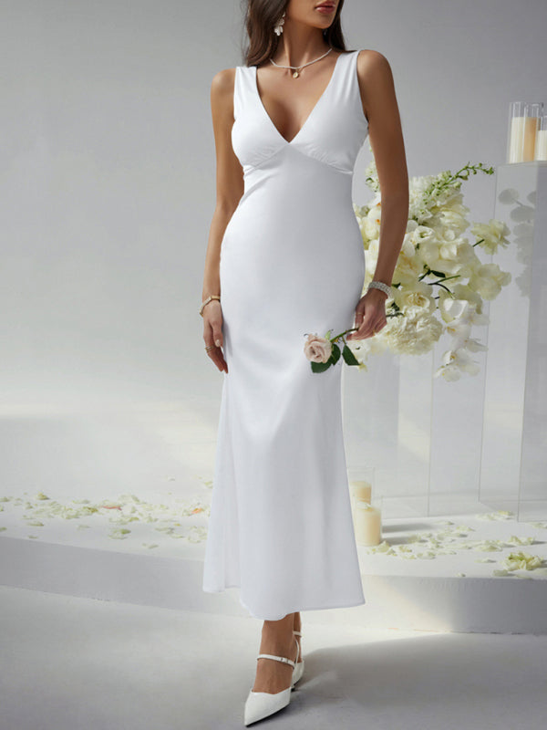 Sexy solid color slim fit deep v backless evening dress long dress