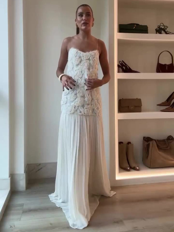 Ruffle Rose Suspender Maxi Dress – Elegant Woven Detail for Vacation & Resort Wear