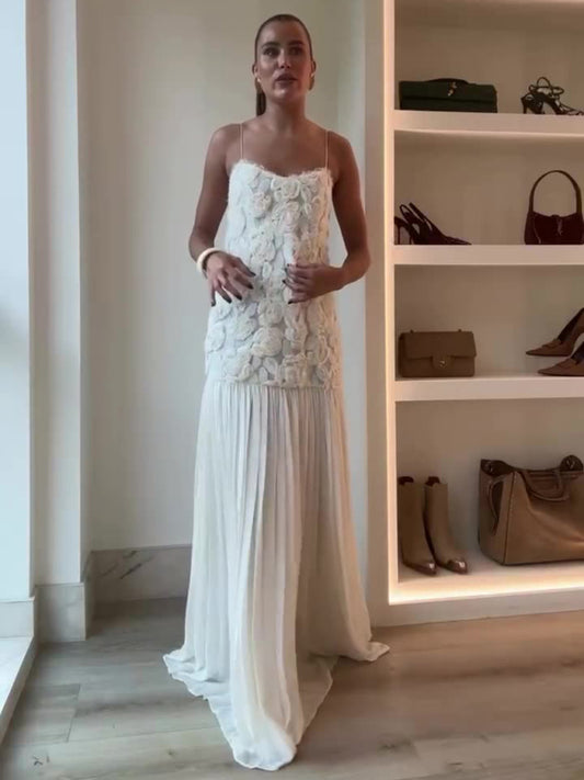 Ruffle Rose Suspender Maxi Dress – Elegant Woven Detail for Vacation & Resort Wear