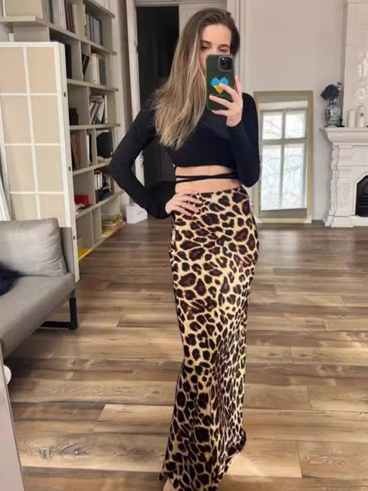 Leopard Print Two-Tone Midi Skirt
