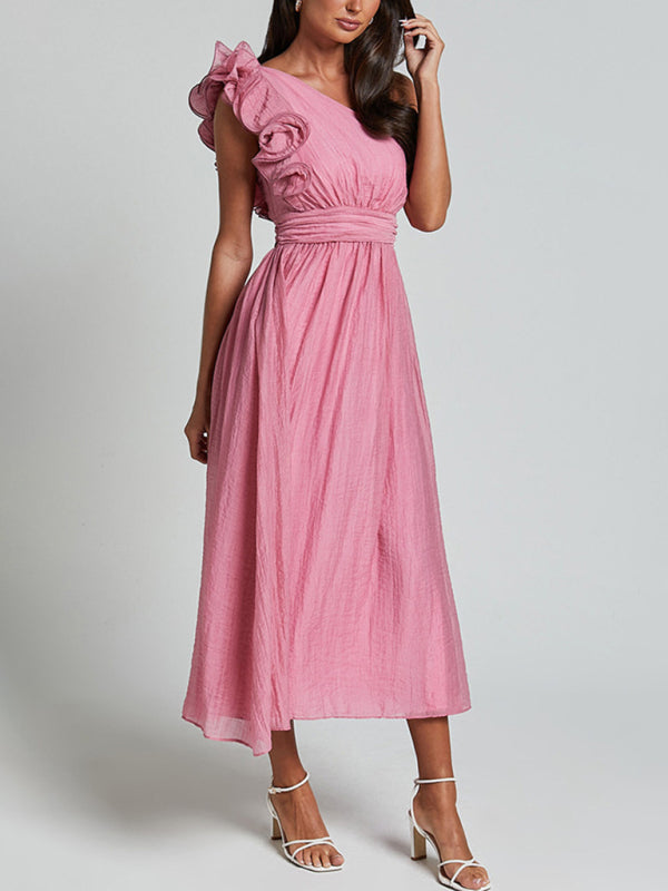 Off-Shoulder Backless Woven Midi Dress – Solid Color, Day to Evening Style