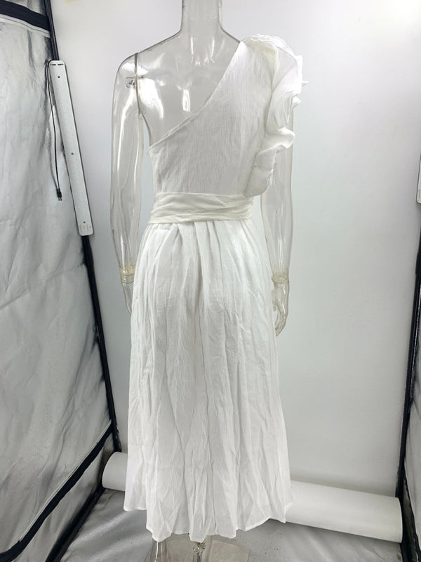 Off-Shoulder Backless Woven Midi Dress – Solid Color, Day to Evening Style