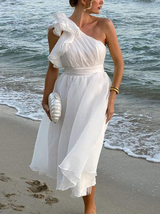 Off-Shoulder Backless Woven Midi Dress – Solid Color, Day to Evening Style
