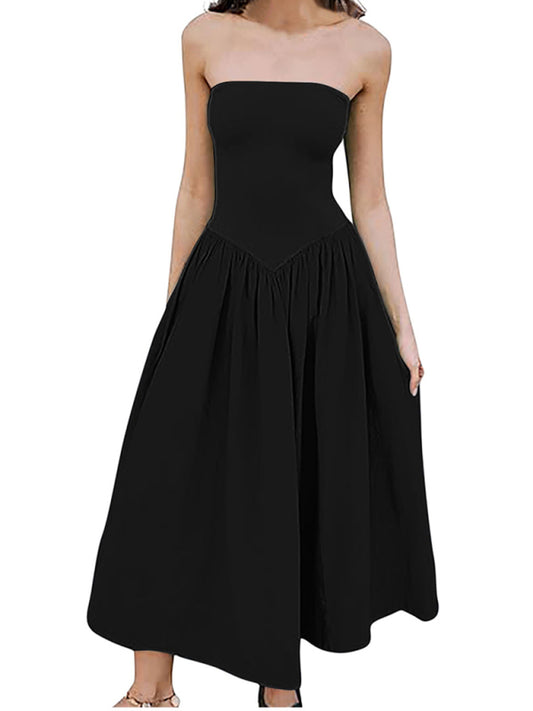Strapless Elegant Pleated Long Dress – Solid Black, Spring-Summer Style
