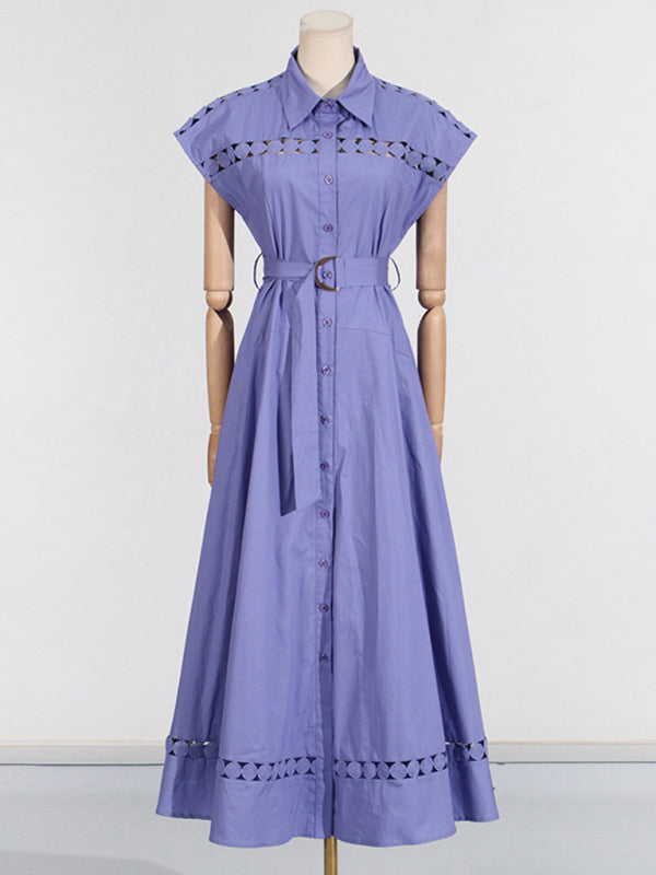 Lace-Up V-Neck Slim Shirt Dress – Lapel Collar, Spring-Summer Essential