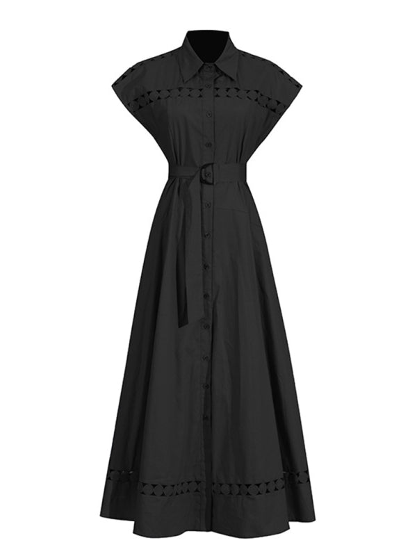 Lace-Up V-Neck Slim Shirt Dress – Lapel Collar, Spring-Summer Essential