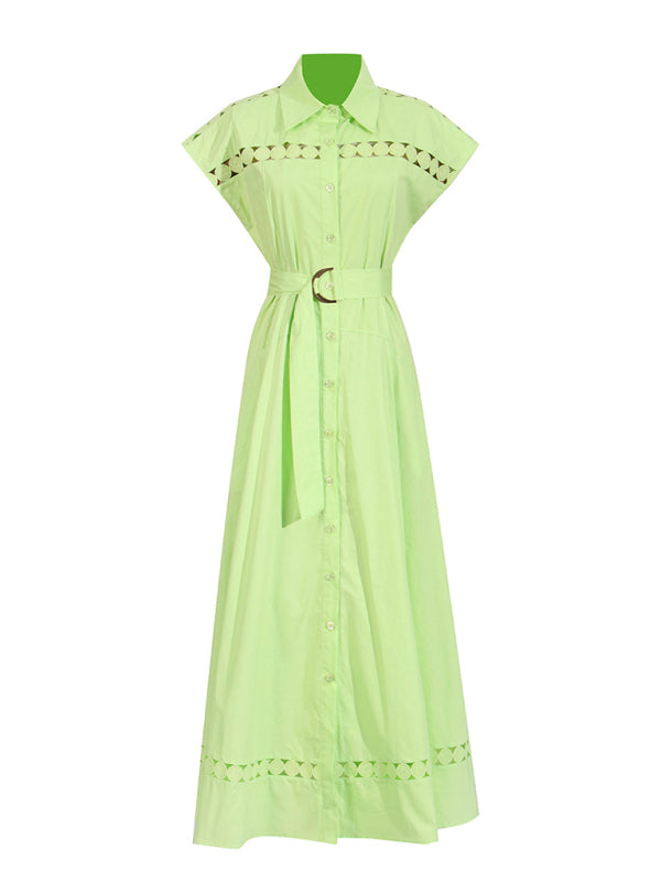 Lace-Up V-Neck Slim Shirt Dress – Lapel Collar, Spring-Summer Essential