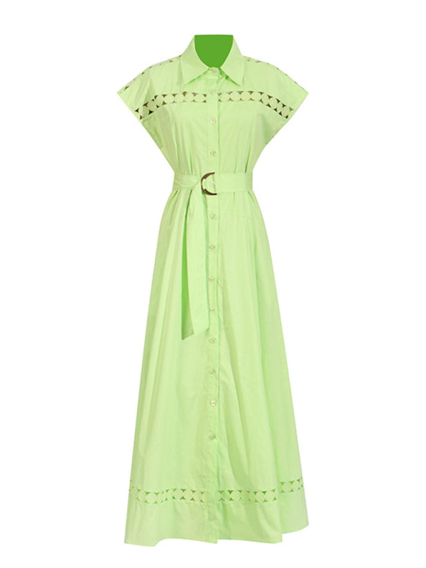 Lace-Up V-Neck Slim Shirt Dress – Lapel Collar, Spring-Summer Essential