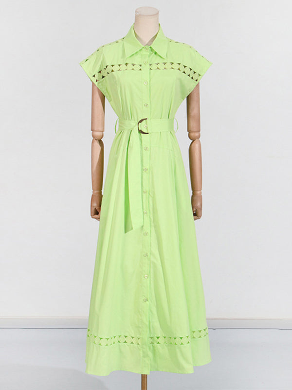 Lace-Up V-Neck Slim Shirt Dress – Lapel Collar, Spring-Summer Essential
