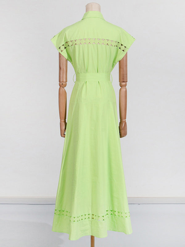 Lace-Up V-Neck Slim Shirt Dress – Lapel Collar, Spring-Summer Essential