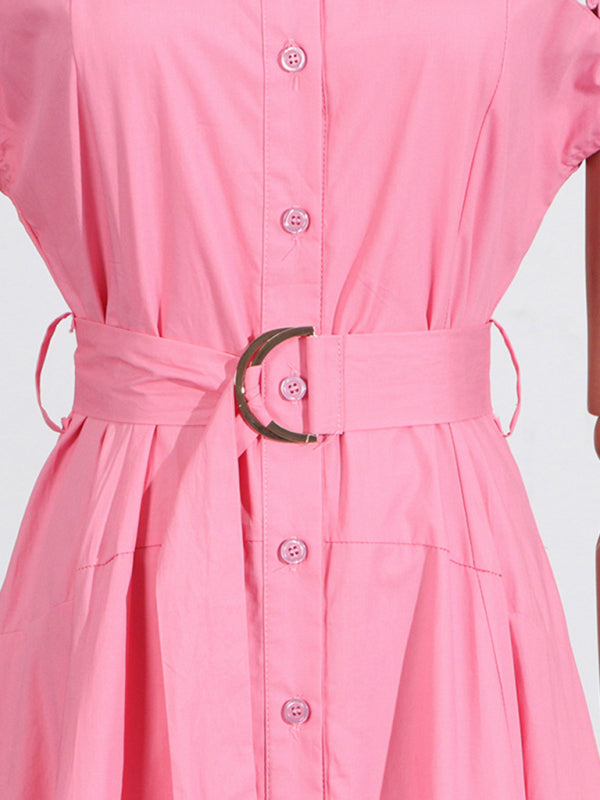Lace-Up V-Neck Slim Shirt Dress – Lapel Collar, Spring-Summer Essential