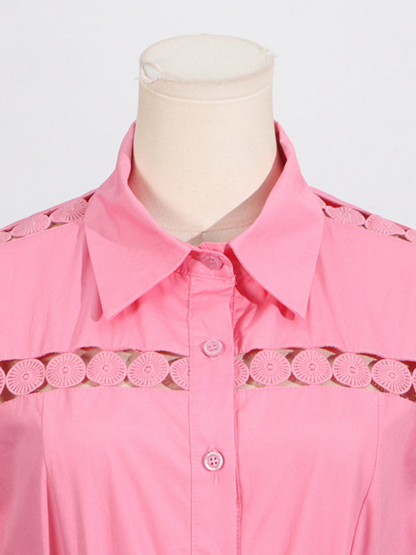 Lace-Up V-Neck Slim Shirt Dress – Lapel Collar, Spring-Summer Essential