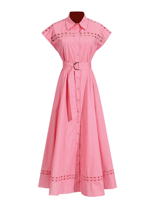 Lace-Up V-Neck Slim Shirt Dress – Lapel Collar, Spring-Summer Essential