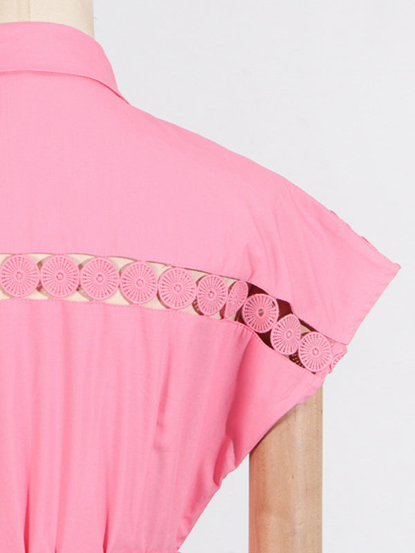 Lace-Up V-Neck Slim Shirt Dress – Lapel Collar, Spring-Summer Essential