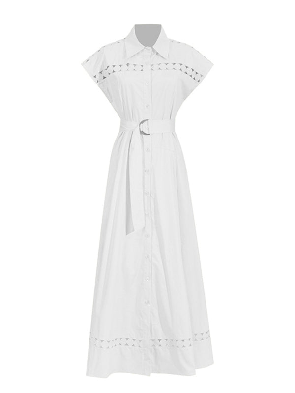 Lace-Up V-Neck Slim Shirt Dress – Lapel Collar, Spring-Summer Essential
