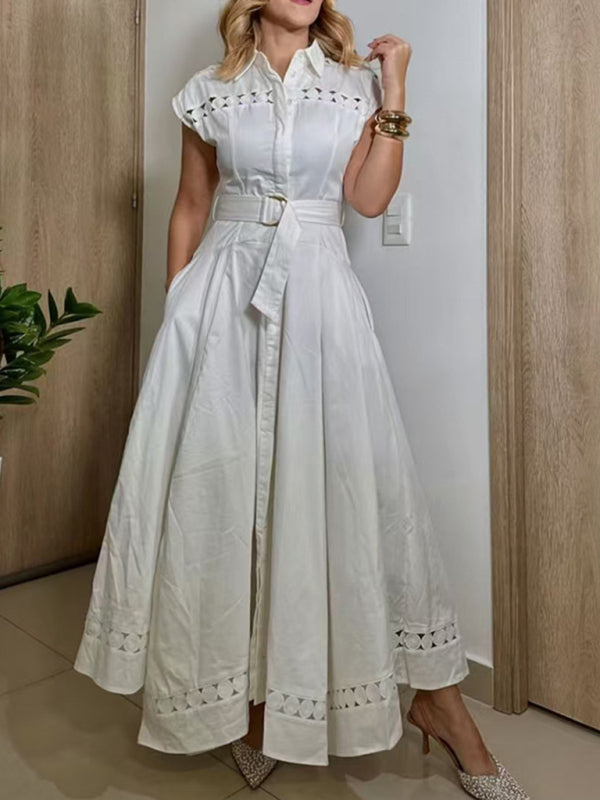 Lace-Up V-Neck Slim Shirt Dress – Lapel Collar, Spring-Summer Essential