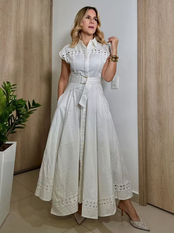 Lace-Up V-Neck Slim Shirt Dress – Lapel Collar, Spring-Summer Essential