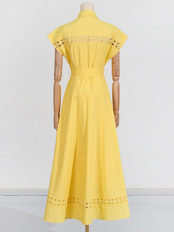Lace-Up V-Neck Slim Shirt Dress – Lapel Collar, Spring-Summer Essential