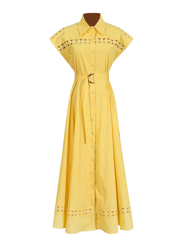 Lace-Up V-Neck Slim Shirt Dress – Lapel Collar, Spring-Summer Essential