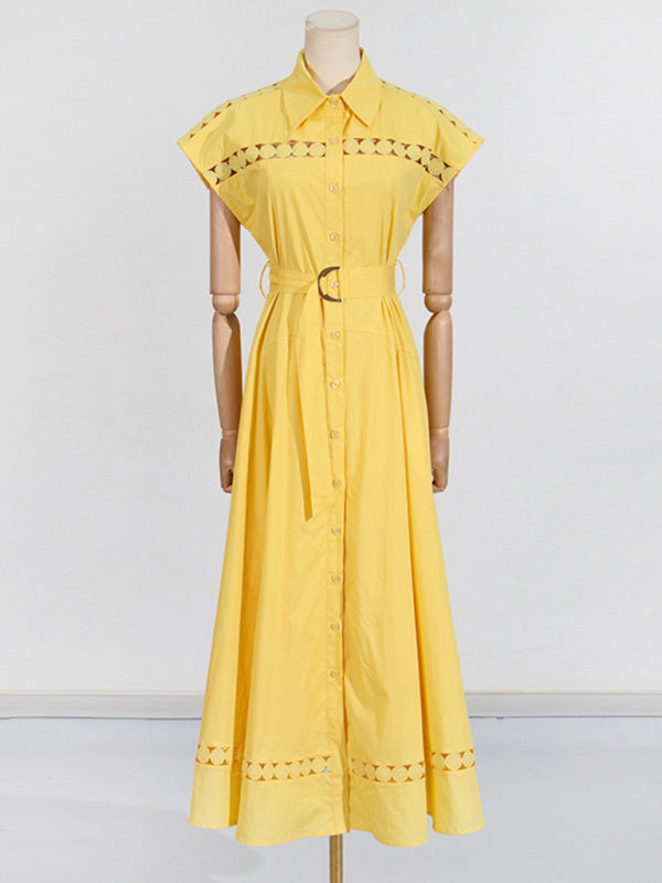 Lace-Up V-Neck Slim Shirt Dress – Lapel Collar, Spring-Summer Essential