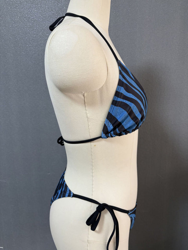 Zebra Print Halter Bikini – High-Elastic Fit, Knit Fabric, Spring-Summer Style