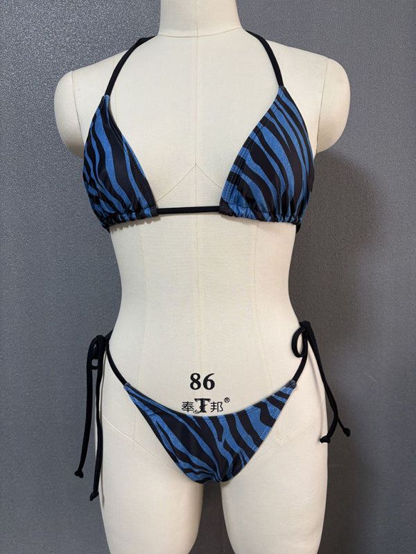 Zebra Print Halter Bikini – High-Elastic Fit, Knit Fabric, Spring-Summer Style
