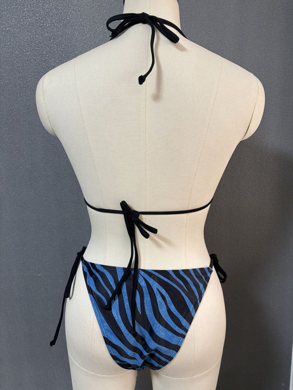 Zebra Print Halter Bikini – High-Elastic Fit, Knit Fabric, Spring-Summer Style