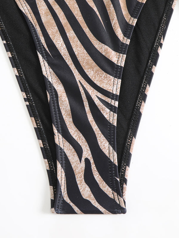 Zebra Print Halter Bikini – High-Elastic Fit, Knit Fabric, Spring-Summer Style