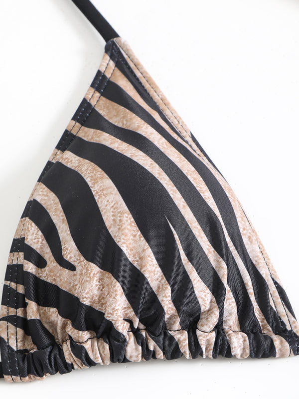 Zebra Print Halter Bikini – High-Elastic Fit, Knit Fabric, Spring-Summer Style