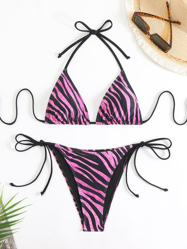 Zebra Print Halter Bikini – High-Elastic Fit, Knit Fabric, Spring-Summer Style