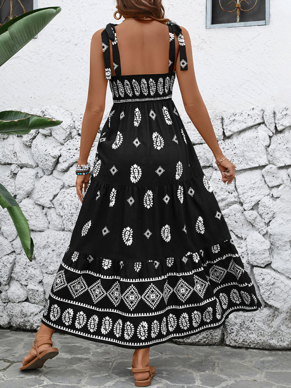 Ethnic Print Vacation Maxi Dress with Spaghetti Straps