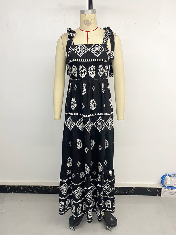 Ethnic Print Vacation Maxi Dress with Spaghetti Straps