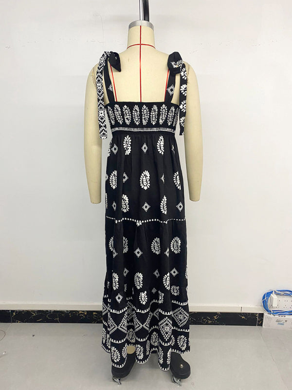 Ethnic Print Vacation Maxi Dress with Spaghetti Straps