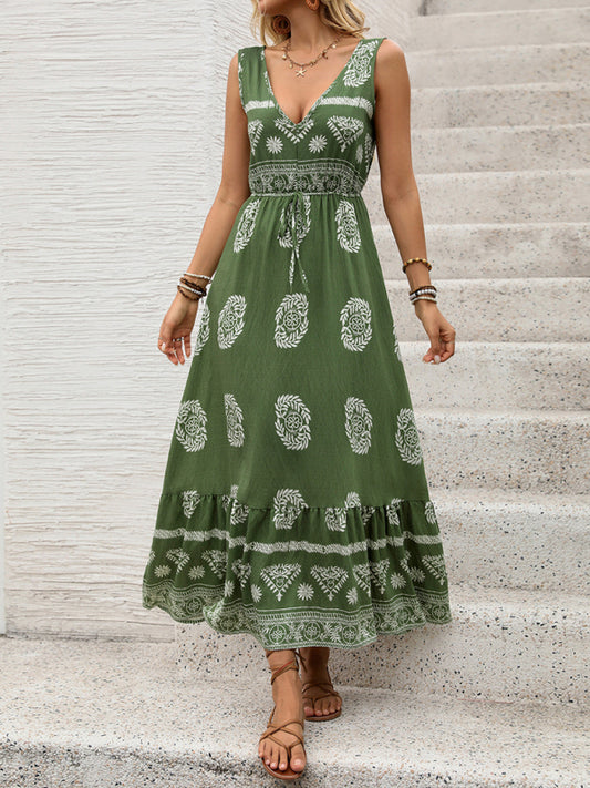 Ethnic style casual V-neck high waist holiday dress